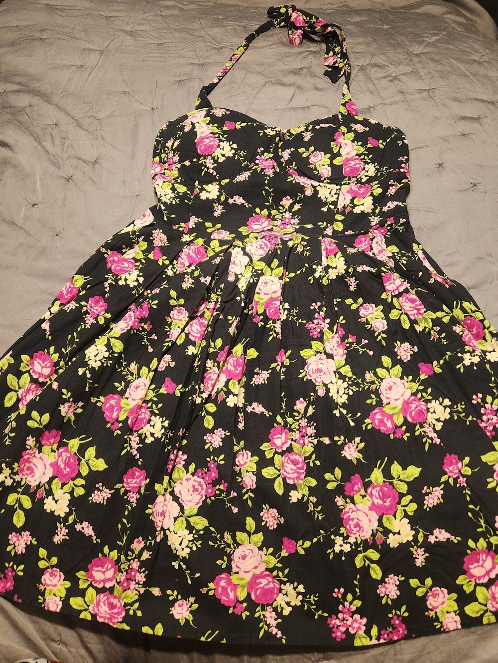 Black Halter Dress with Pink Rose Floral Print